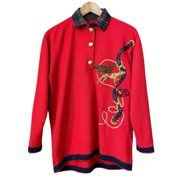 Vintage Men’s Polo Sweater Tartan Plaid Collar Merino Wool Equestrian Dog Preppy - Picture 2 of 14